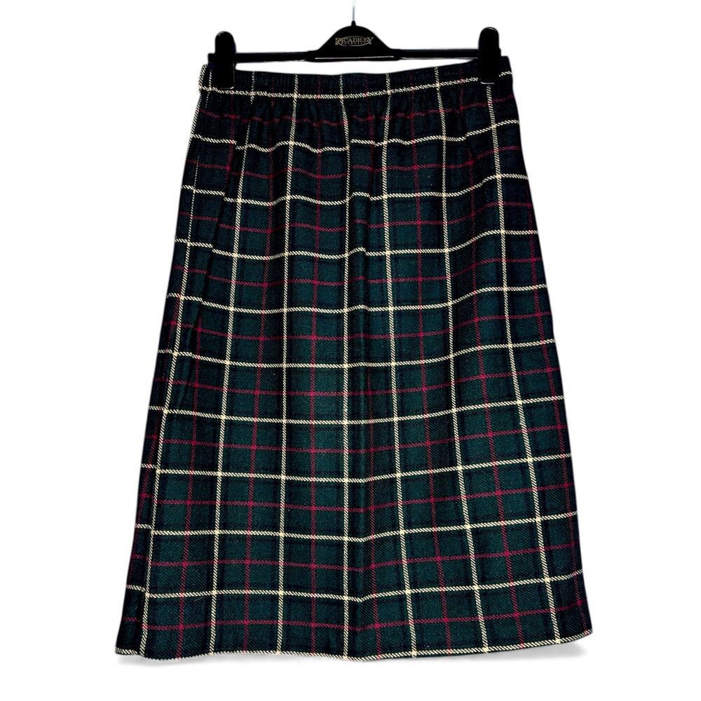 Vtg Womens Dark Green Tartan Plaid Midi Skirt Sz M Festive Wool Celtic Holiday